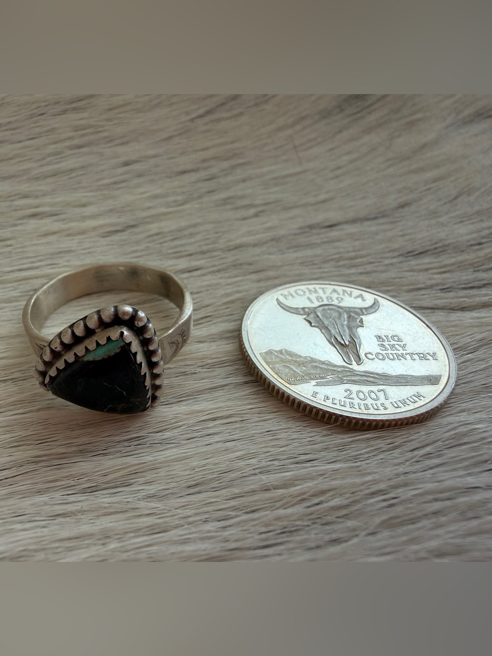 ❤️ Black Jack Turquoise Triangular Sterling Adjustable Ring 4.2mm Stamped Band - Picture 7 of 15